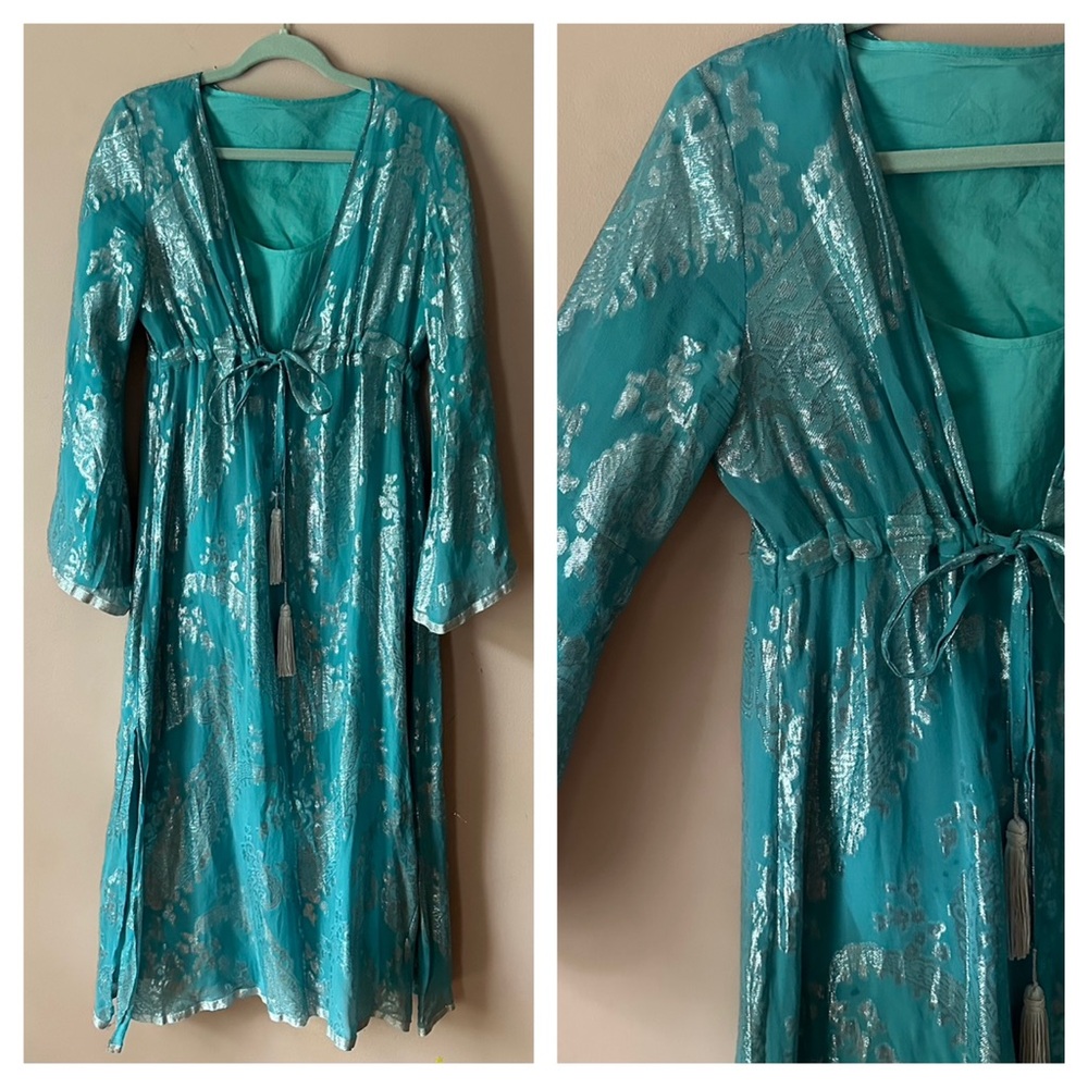 Soft Surroundings Silk Metallic Silver Turquoise Blue Empire Midi Dress S